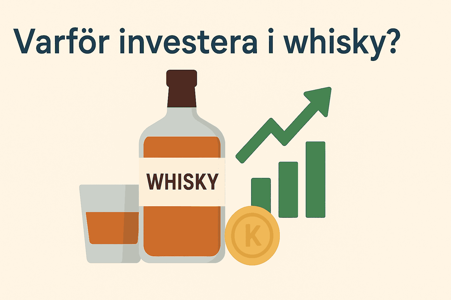 Investera i whisky – Så mycket kan du tjäna 1 Samuelssons Rapport Illustration av en whiskyflaska, ett glas och stigande stapeldiagram som symboliserar investeringstillväxt.