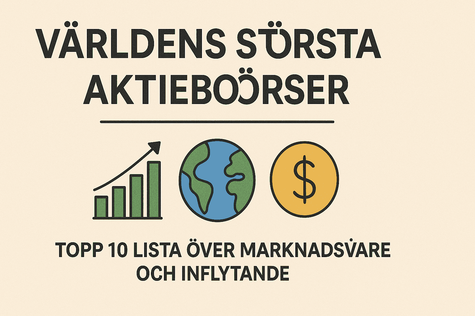 Minimalistisk infographic med texten Världens största aktiebörser, med ikoner för tillväxt, jordglob och pengar.