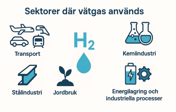 Grafik över sektorer för vätgas: transport, kemiindustri, stålindustri, jordbruk och energilagring.