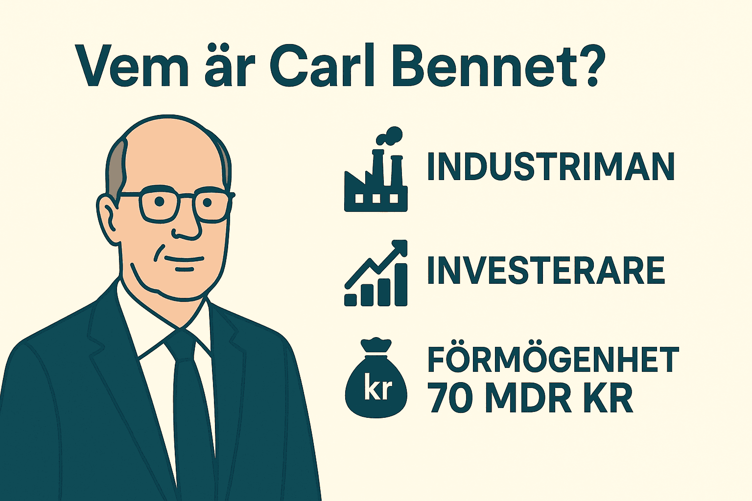 Carl Bennet: 5 Aktietips för Framgångsrika Investeringar 1 Samuelssons Rapport Illustration av Carl Bennet med tre ikoner som representerar: industriman, investerare och en förmögenhet på 70 miljarder kronor.