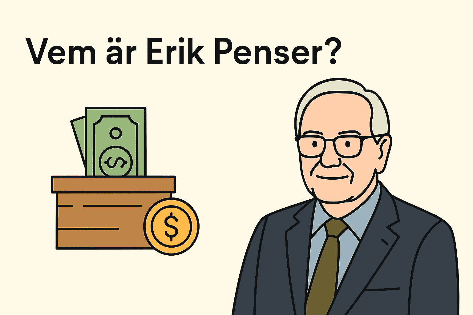 Erik Penser – Vem är denna finansman och samlare från Eslöv? 1 Samuelssons Rapport Illustration av Erik Penser i kostym bredvid en trälåda med pengar och mynt, under rubriken Vem är Erik Penser?