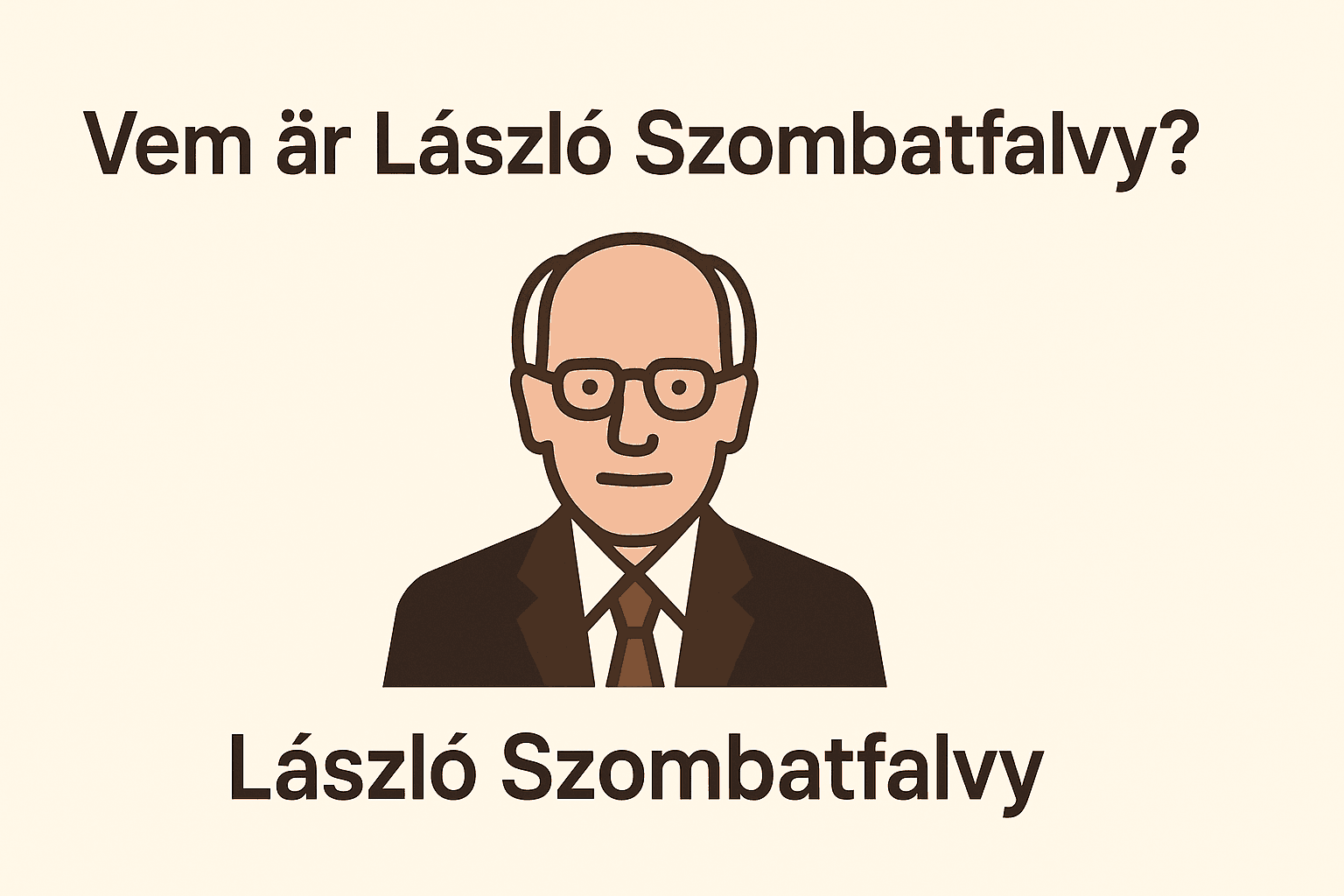  Minimalistisk illustration av László Szombatfalvy med glasögon och kostym, mot beige bakgrund med texten "Vem är László Szombatfalvy?".