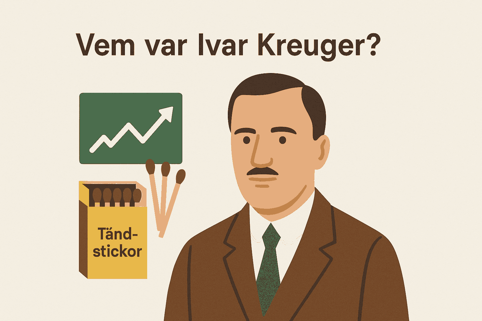 Minimalist illustration av Ivar Kreuger med en grön aktiegraf, en tändsticksask och texten ”Vem var Ivar Kreuger?”