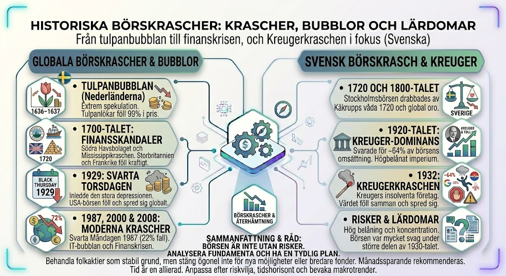 Börskrascher, finanskriser, börshistoria, aktiemarknad, ekonomiska bubblor, Kreugerkraschen, 1929, finansiella lärdomar