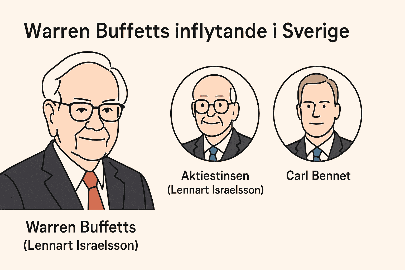 Warren Buffett – Vilka aktier äger Berkshire Hathaway och hur byggde han sin förmögenhet? 2 Samuelssons Rapport Illustration av Warren Buffett, Aktiestinsen och Carl Bennet med texten Warren Buffetts inflytande i Sverige.