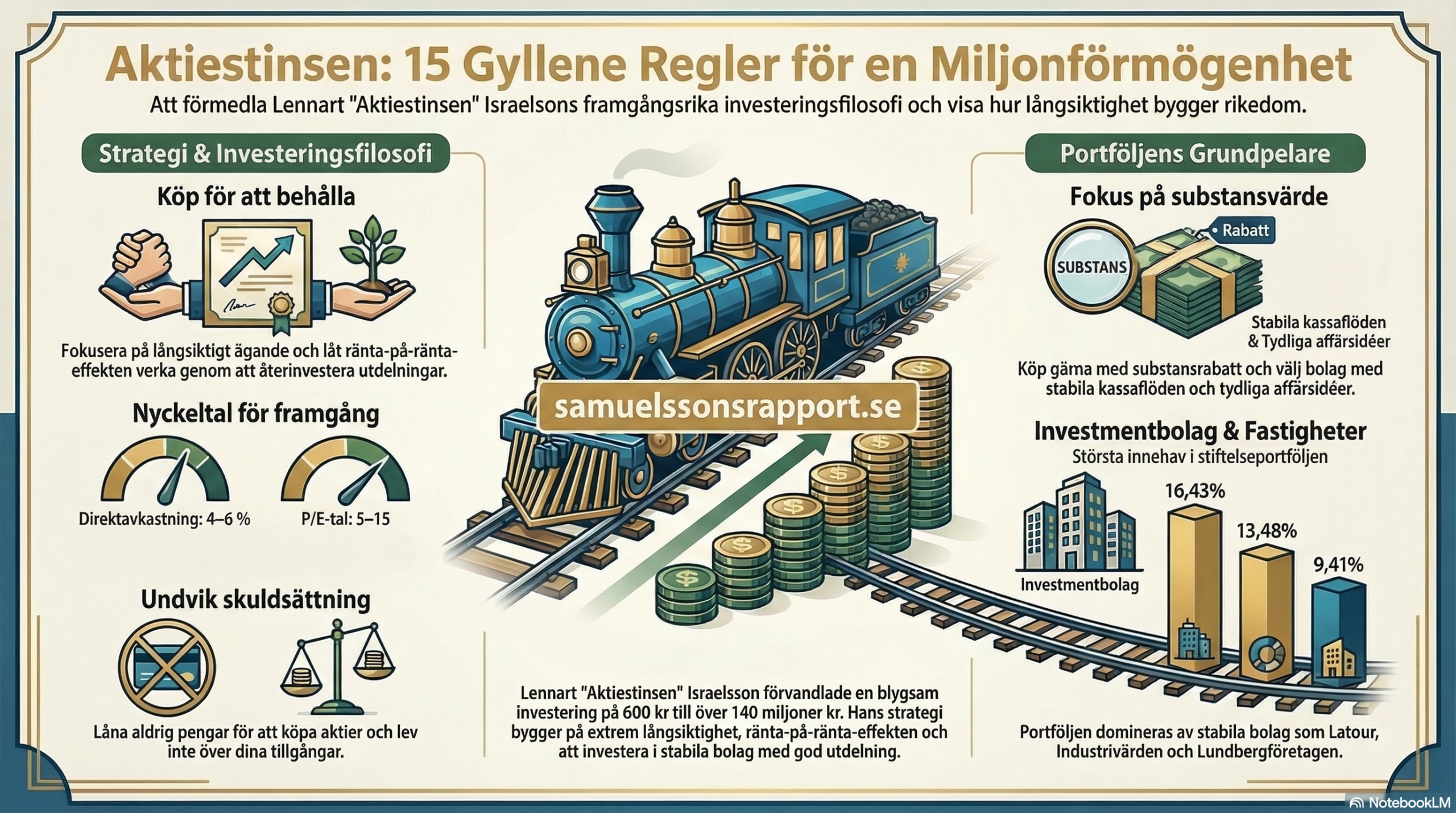 Infografik om Aktiestinsen Lennart Israelssons 15 gyllene regler för långsiktig aktieinvestering, med fokus på utdelningar, substansvärde och stabila bolag.