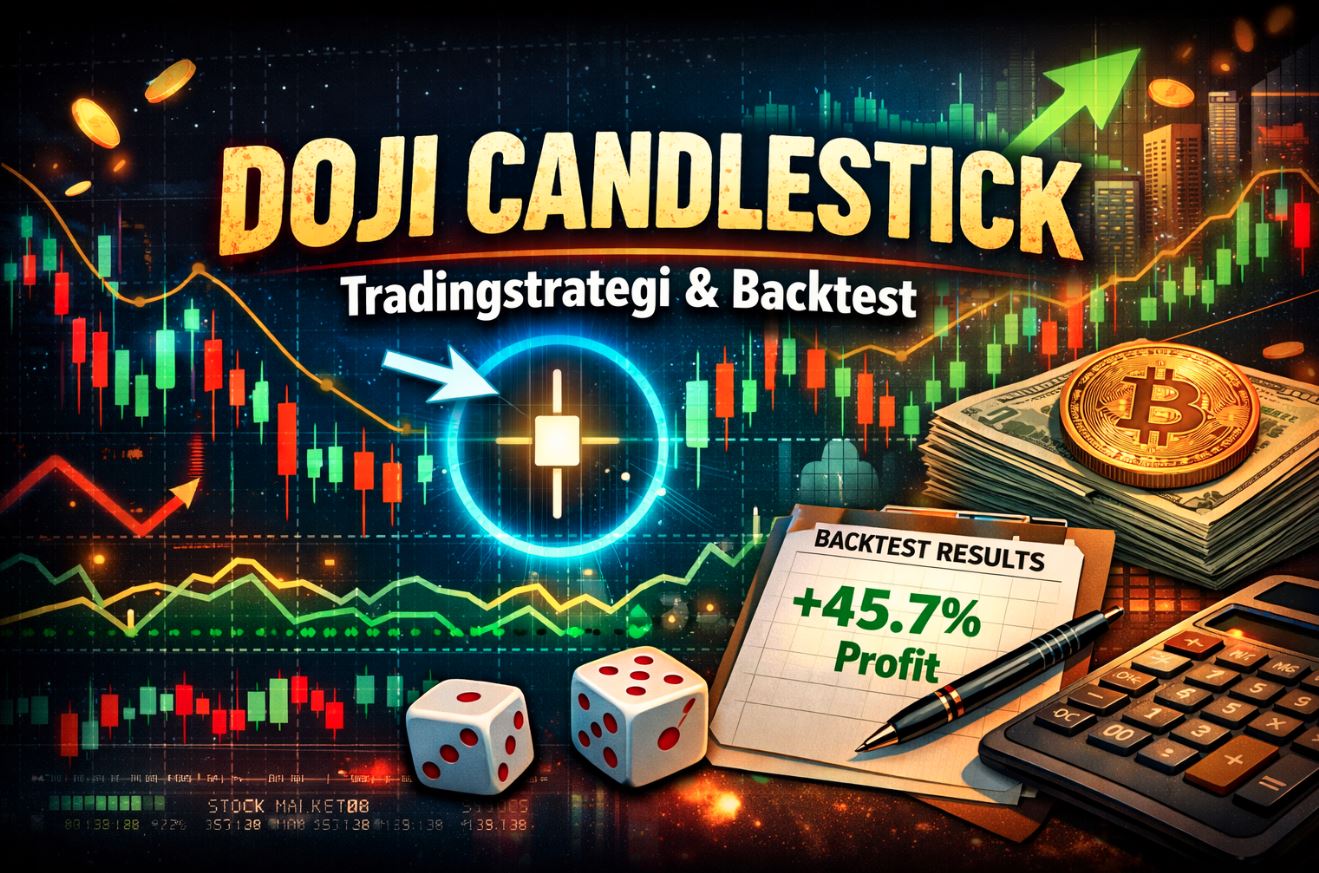 En färgstark grafik om trading som visar ett Doji-ljus i ett aktiediagram, Bitcoin-mynt, kontanter och ett backtest-resultat som visar en vinst på 45,7 %.