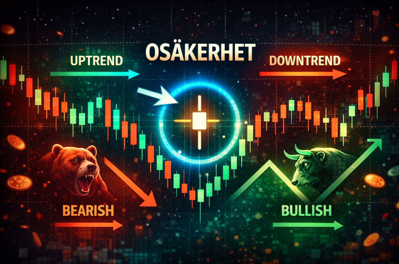 En pedagogisk grafik över aktiemarknadens trender med ett ljusstakediagram i bakgrunden. En arg björn symboliserar "Bearish" (nedgång) och en tjur symboliserar "Bullish" (uppgång). I mitten finns en markerad ljusstake med ordet "OSÄKERHET" ovanför, flankerad av pilar för "Uptrend" och "Downtrend".