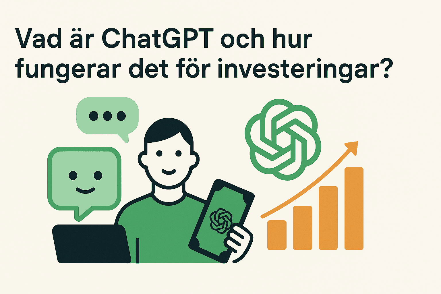 ChatGPT och aktier: Din guide till smarta investeringar 1 Samuelssons Rapport Illustration av person som använder ChatGPT med mobil och dator, tillsammans med chatbot-symbol, OpenAI-logotyp och stigande investeringsdiagram.