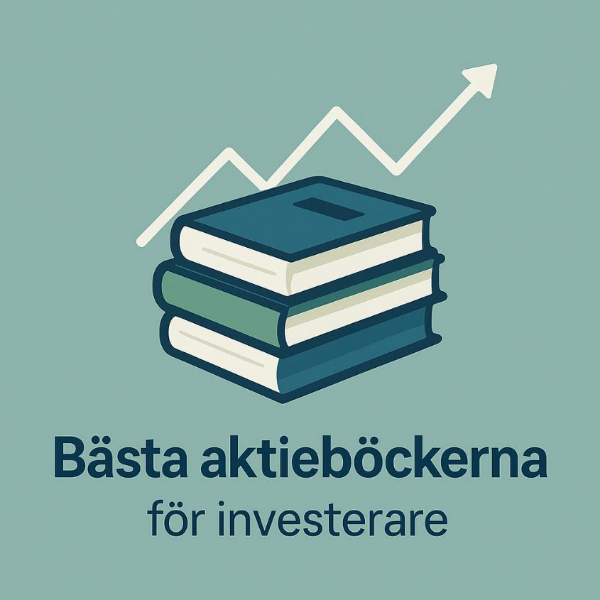Illustration av tre staplade böcker med en stigande aktiegraf i bakgrunden och texten "Bästa aktieböckerna för investerare".