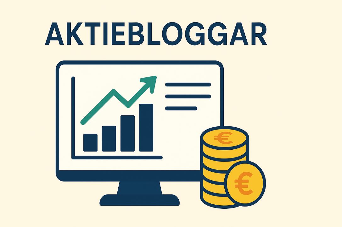 Illustration med texten "Aktiebloggar", en datorskärm med stigande graf och stapeldiagram samt guldfärgade mynt med eurosymbol.