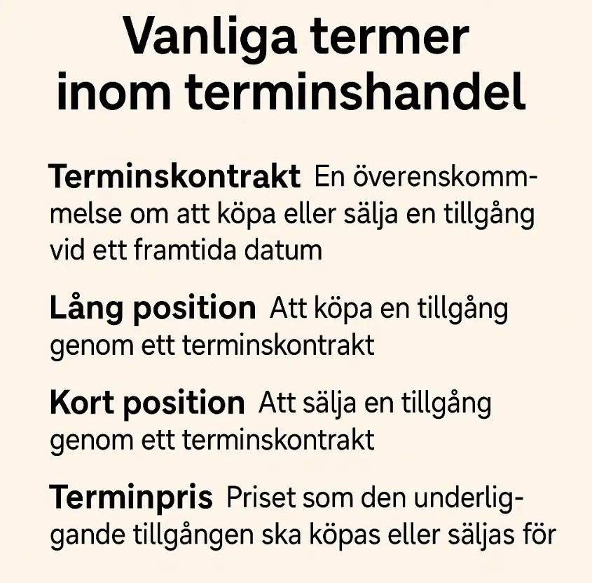 Vanliga termer inom terminshandel med definitioner.