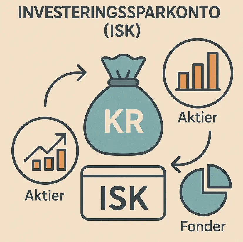 En illustration av ett investeringssparkonto (ISK) med finansiella instrument som aktier och fonder.