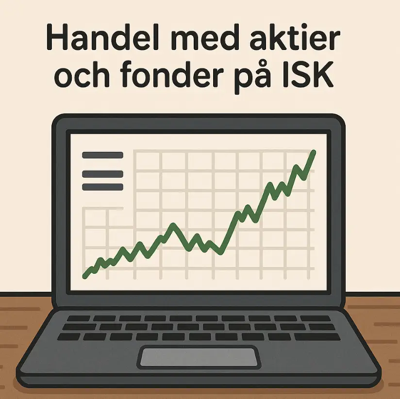 Handel med aktier och fonder på ISK som visar en dator med aktiemarknadsdiagram.