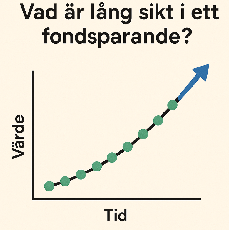 Långsiktiga fonder 2025: Din guide till att bygga välstånd med smart fondsparande 2 Samuelssons Rapport En graf som visar hur värdet på ett fondsparande ökar över tid med rubriken "Vad är lång sikt i ett fondsparande?". X-axeln visar tid och Y-axeln visar värde, med en stigande kurva markerad med gröna punkter och en blå pil som pekar uppåt.