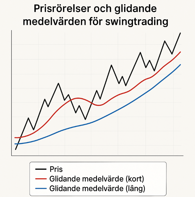 En graf som visar prisrörelser och glidande medelvärden för swingtrading.