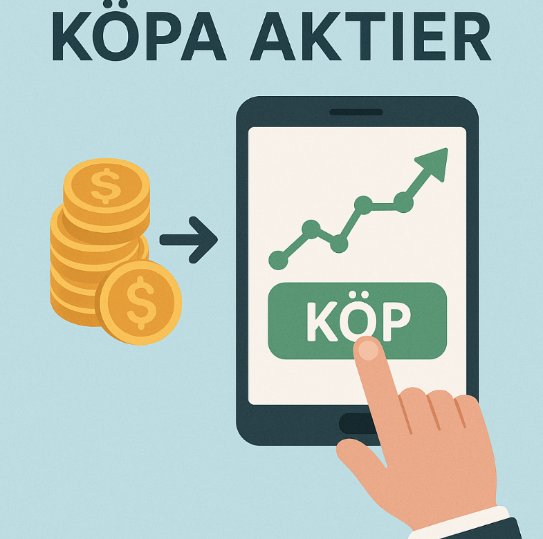 Köpa aktier – En enkel guide för nybörjare 1 Samuelssons Rapport Köpa aktier – Illustration av ett finger som trycker på en “KÖP”-knapp på en mobilskärm med stigande aktiegraf, bredvid myntsymboler som visar investering.