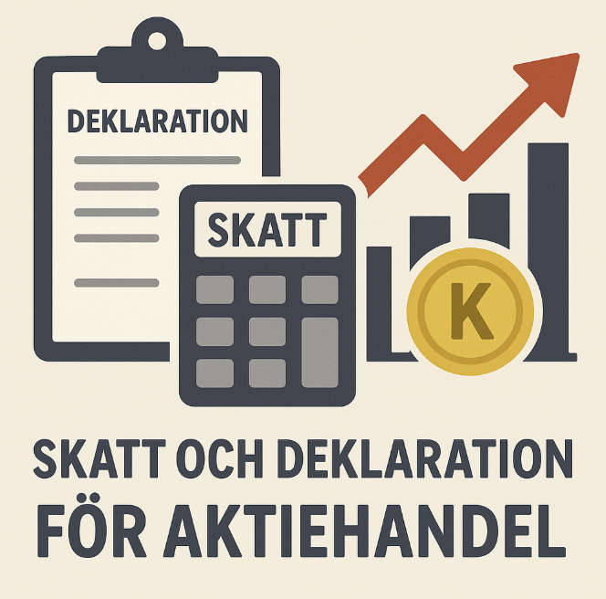 Köpa aktier – En enkel guide för nybörjare 4 Samuelssons Rapport Skatt och deklaration för aktiehandel – Illustration med deklarationsblankett, kalkylator med texten “Skatt”, stapeldiagram och ett mynt.