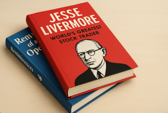 Jesse Livermore: Lärdomar från Wall Streets Legendariska Aktiehandlare 5 Samuelssons Rapport En bild av böcker om Jesse Livermore som ligger på ett bord.