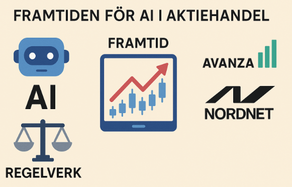 Framtiden för AI i aktiehandel illustrerad med AI-symbol, stigande aktiegraf, Avanza och Nordnet-logotyper samt vågskål för regelverk.