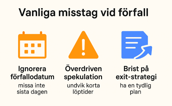 Vanliga misstag vid förfall – missa inte förfallodatumet, undvik överdriven spekulation med korta löptider och ha alltid en tydlig exit-strategi.