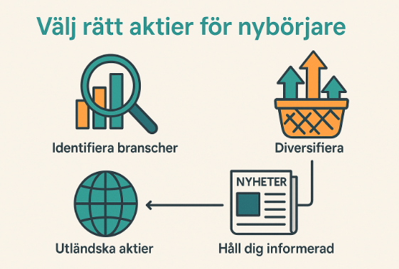 Välj rätt aktier för nybörjare – fyra ikoner med text: Identifiera branscher, Diversifiera, Utländska aktier, Håll dig informerad.