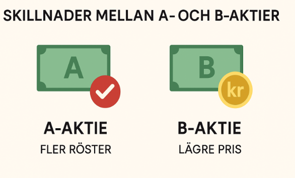 Jämförelse mellan A- och B-aktier: A-aktier har fler röster, B-aktier har lägre pris.