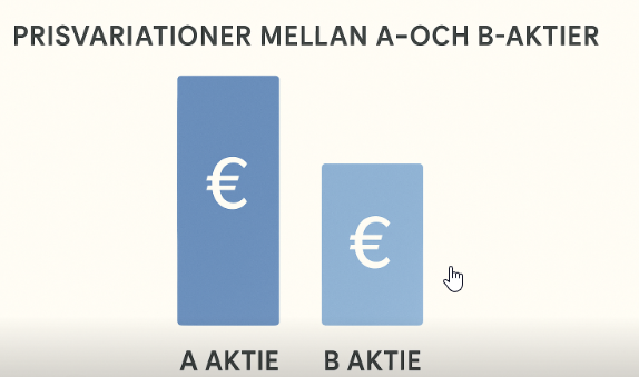 Illustration som visar att A-aktier ofta har högre pris än B-aktier, representerat med två staplar i olika höjd och färg.