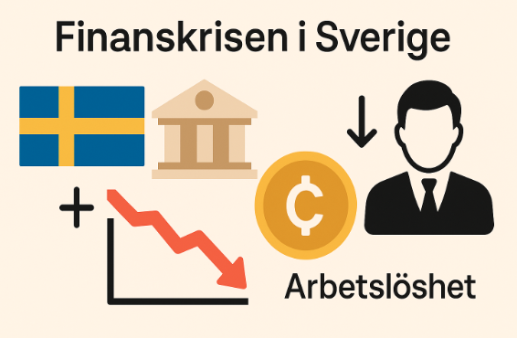 Minimalistisk illustration av finanskrisen i Sverige – svensk flagga, Riksbanken, fallande aktiegraf, mynt med nedåtpil och siluett med texten "Arbetslöshet".