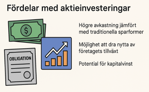 Fördelar med aktieinvesteringar – högre avkastning, företags­tillväxt och kapitalvinst jämfört med obligationer och sparkonton.