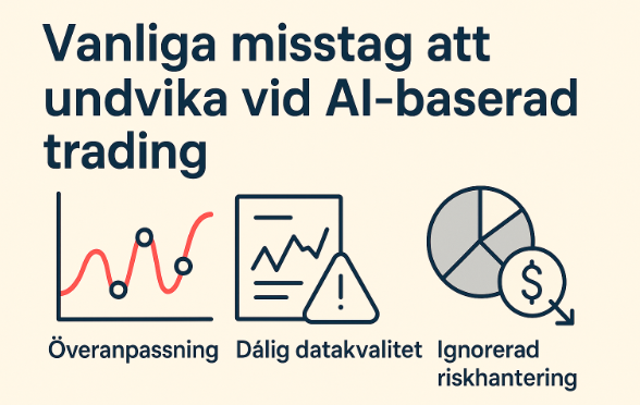 Enkel bild som visar tre misstag vid AI-trading: överanpassning, dålig datakvalitet och ignorerad riskhantering.