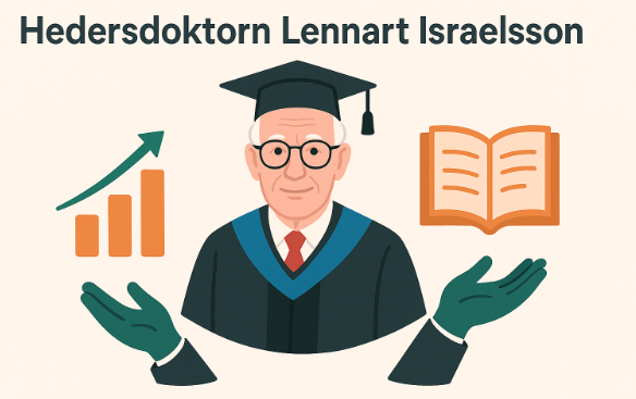 Hedersdoktorn Lennart Israelsson i professorsklädsel med stapeldiagram och bok som symboler för investering och utbildning.
