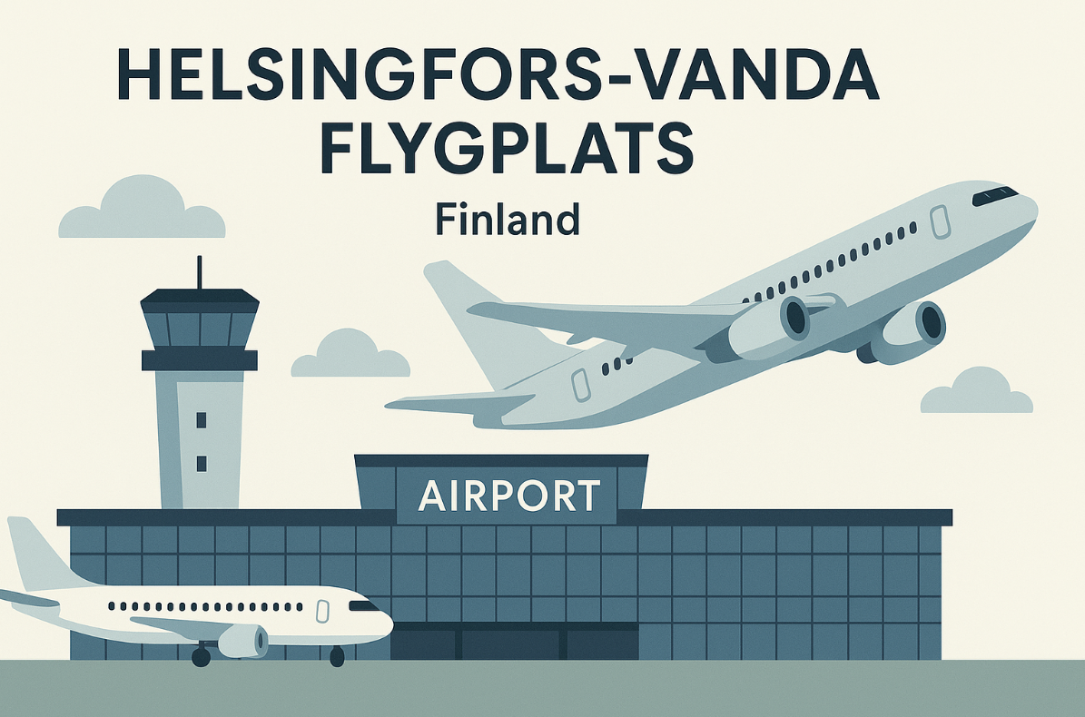 Minimalistisk illustration av Helsingfors-Vanda flygplats med flygplan, terminal och kontrolltorn i blå-grå färgtoner.