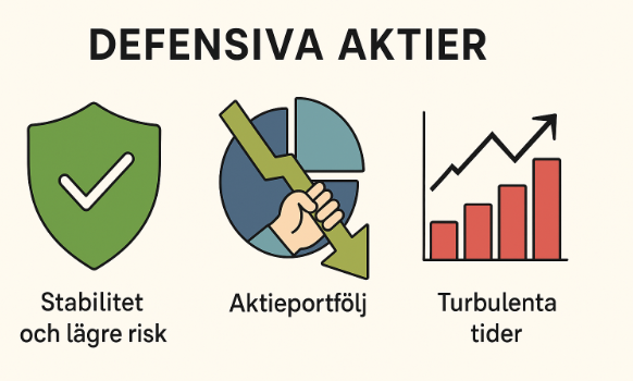 Infografik som visar "Defensiva aktier" med tre symboler: en grön sköld för stabilitet och lägre risk, ett diagram med nedåtgående pil och en hand som representerar aktieportfölj, samt ett stigande rött stapeldiagram för turbulenta tider.