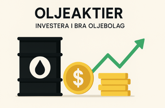 Minimalist illustration med en svart oljefat, gyllene mynt och en stigande grön pil – symboliserar investering i oljeaktier. Texten säger "OLJEAKTIER – Investera i bra oljebolag".