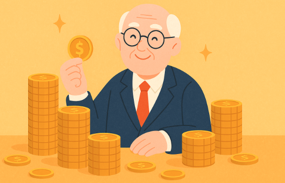Äldre affärsman i kostym med guldmynt och staplade pengar, symbol för rikedom och framgång.
