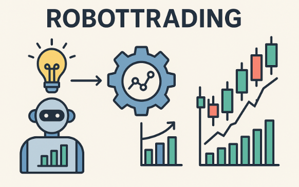 Minimalistisk illustration som förklarar robottrading med robot, kugghjul, ljuskälla och candlestick-diagram.
