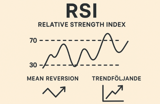 RSI-indikatorn illustrerad med nivåerna 30 och 70 samt ikoner för mean reversion och trendföljande strategier