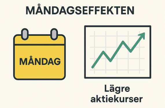 Glöm "Måndagsbluesen": Sanningen om Helgeffekten i Aktier – Och Vad Du BÖR Satsa På Istället! 2 Samuelssons Rapport Infografik som visar måndagseffekten med en kalenderikon märkt “Måndag” och en pilgraf som antyder lägre aktiekurser.