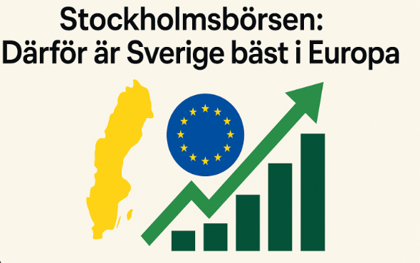 Stockholmsbörsen toppar Europa – svensk karta, EU-symbol och uppåtgående stapeldiagram illustrerar styrkan