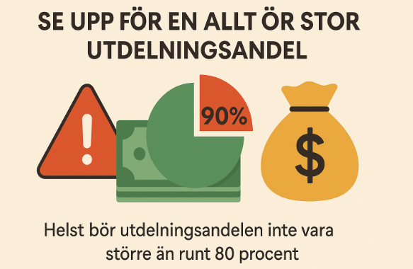 Svensk infographic som varnar för för hög utdelningsandel med 90 % i röd tårtbit, pengar, pengasäck och varningstriangel. Text: "Helst bör utdelningsandelen inte vara större än runt 80 procent."