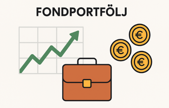 Minimalistisk illustration av en fondportfölj med stapeldiagram i en gul mapp och uppåtriktad pil, samt texten "Fondportfölj" på ljus bakgrund.
