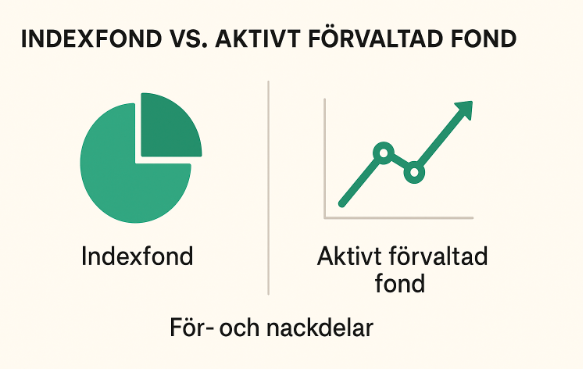 Köpa fonder 2025 – Kom igång med fondsparande på ett enkelt sätt 2 Samuelssons Rapport Jämförelse mellan indexfonder och aktivt förvaltade fonder i minimalistisk stil med ikoner och texten "För- och nackdelar med bägge".