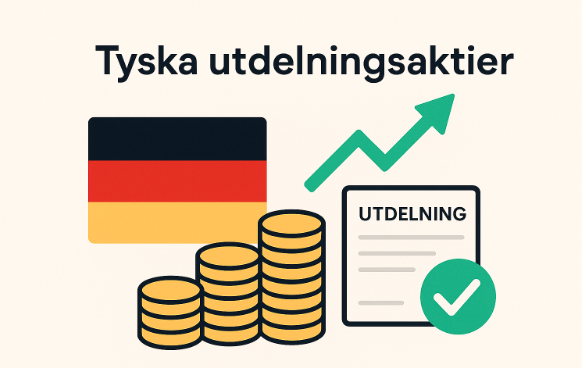 Illustration som visar tyska utdelningsaktier med tysk flagga, eurosymbol, stapeldiagram och uppåtriktad pil.
