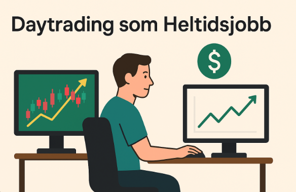 Svensk illustration som visar en person vid två datorskärmar med tradingdiagram, tillsammans med texten "Daytrading som Heltidsjobb".