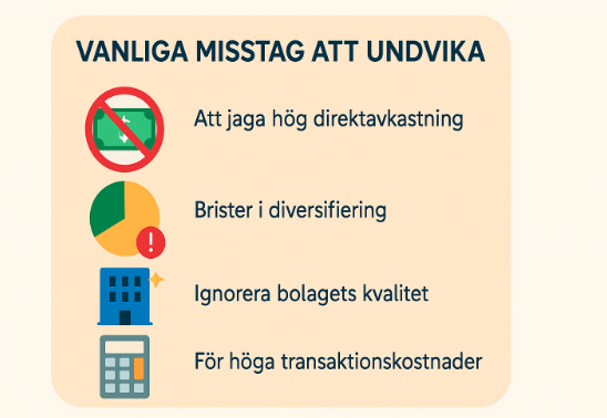 Utdelningsbombmatta: Din guide till jämna kassaflöden med utdelningsaktier 2 Samuelssons Rapport Vanliga misstag att undvika inom utdelningsinvestering – inklusive att jaga hög direktavkastning, brist på diversifiering, ignorera bolagskvalitet och för höga transaktionskostnader.