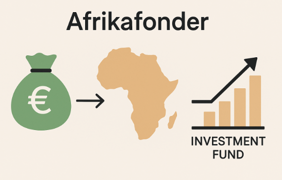 Afrikafonder - Vilken är den bästa Afrikafonden? 1 Samuelssons Rapport Minimalist infographic om Afrikafonder med en siluett av Afrika, ett växande stapeldiagram och en pengasymbol för att illustrera investeringar.