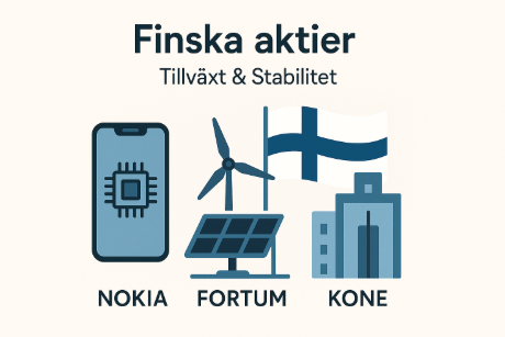 Bästa finska aktier att investera i 2025 – En komplett guide 2 Samuelssons Rapport Minimalistisk illustration med finska aktier – Nokia, Fortum och Kone, tillsammans med finska flaggan och texten "Finska aktier – Tillväxt & Stabilitet".
