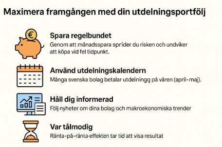 Infografik på svenska med fyra tips för att maximera framgången i en utdelningsportfölj, inklusive månadssparande, utdelningskalender, informationsinhämtning och tålamod.