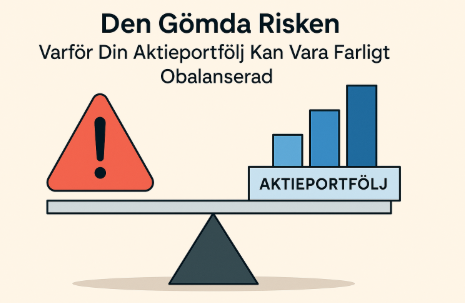 Illustration av en obalanserad aktieportfölj – en tippande våg med varningssymbol på ena sidan och stapeldiagram märkt "Aktieportfölj" på den andra.